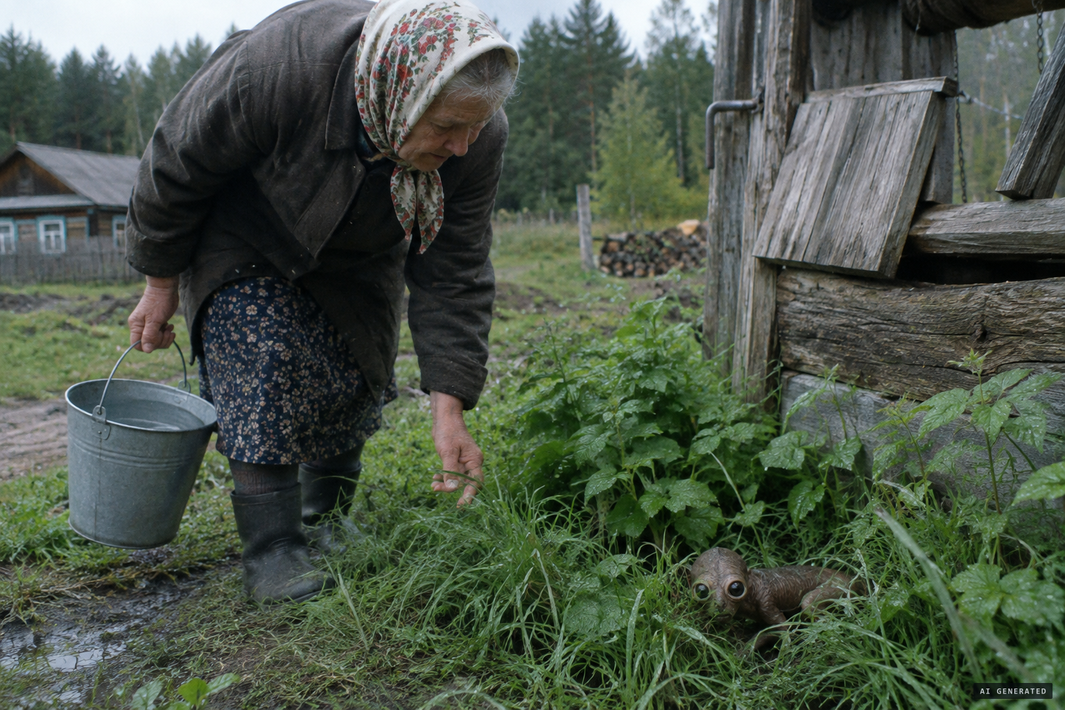Prosvirina finds the tiny creature near the well, in one version of the story