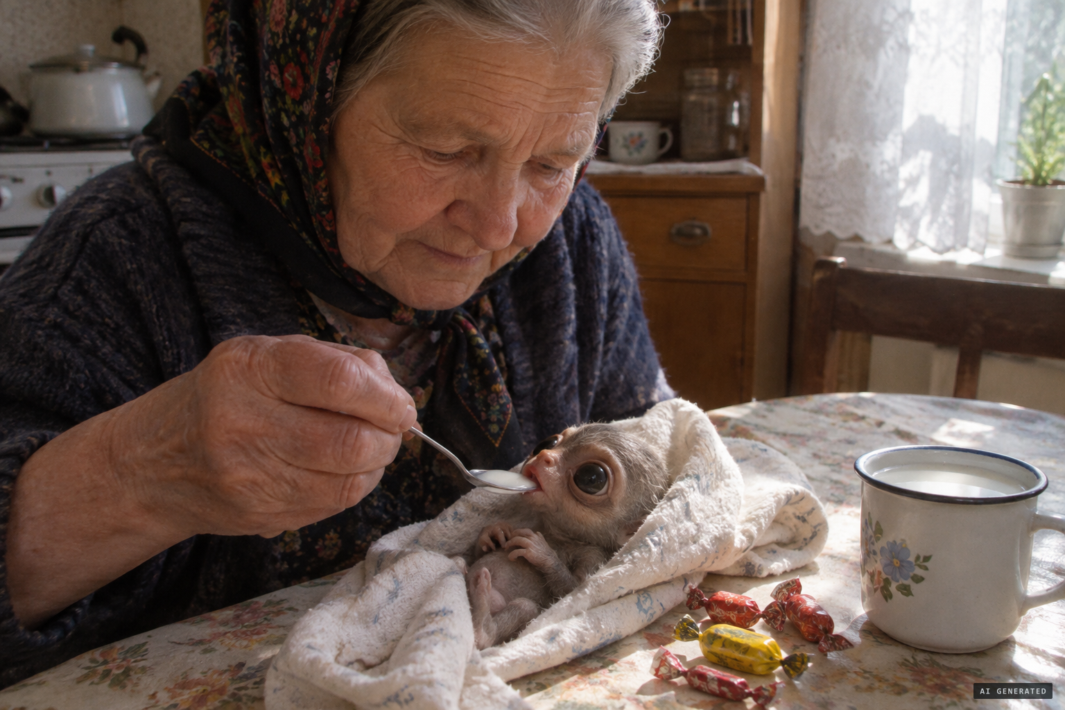 Prosvirina feeds 'Alyoshenka' sugar water from a spoon