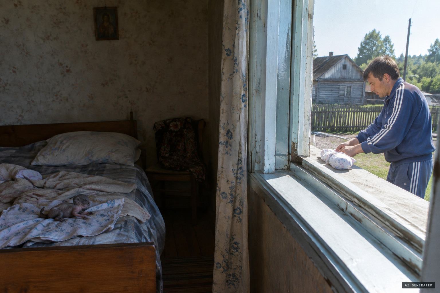 Left alone, Alyoshenka dies; lodger Nurtdinov dries the body in the sun