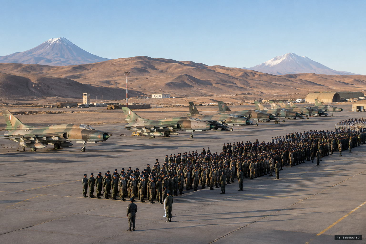 Personnel in formation at La Joya air base, Arequipa, on the morning of 11 April 1980
