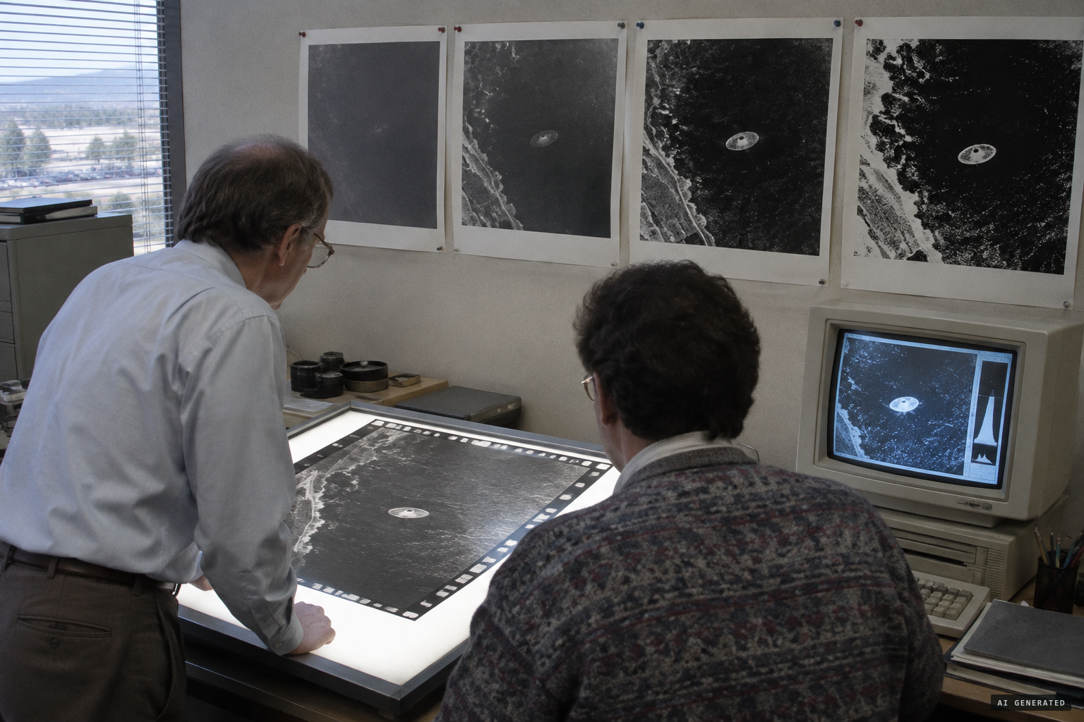 Haines and Vallée study the original negative and computer enhancements