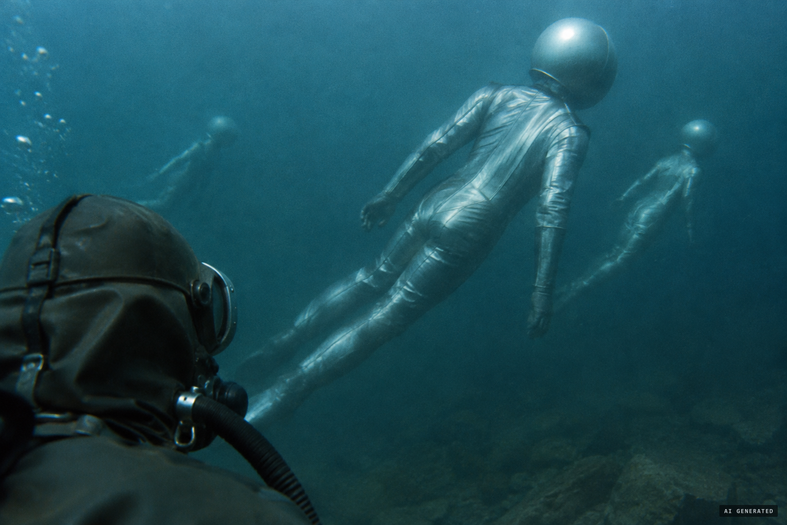 At about 50 meters, divers see huge swimmers in silvery suits and sphere-like helmets