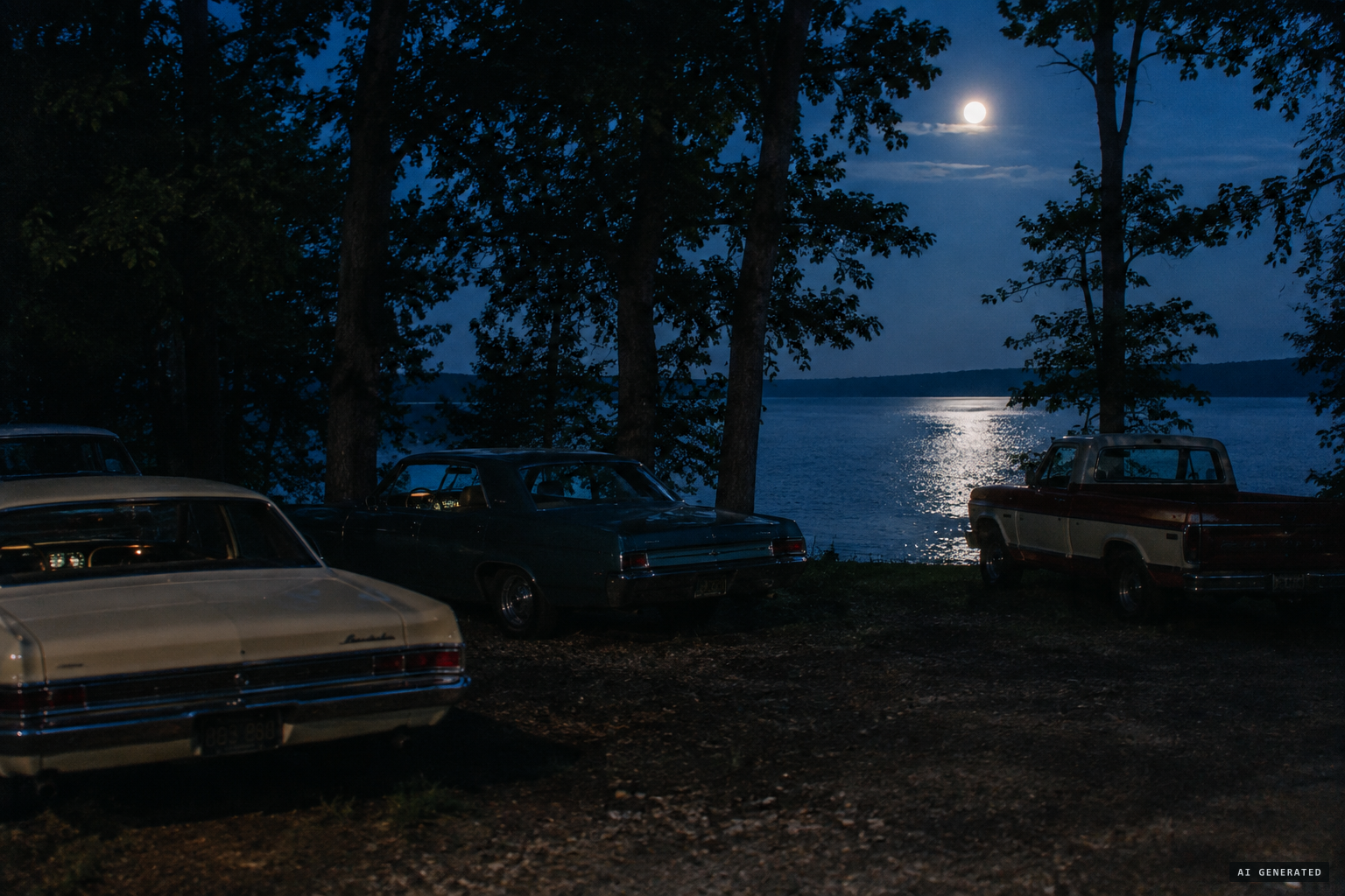 Greer Island's shore on Lake Worth, a popular night-time parking spot in summer 1969