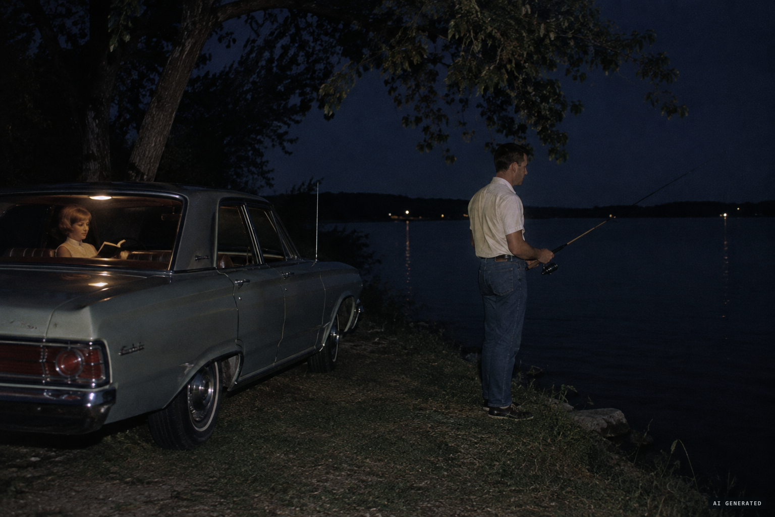 John Reichart fishing near Greer Island while his wife Linda read in the car
