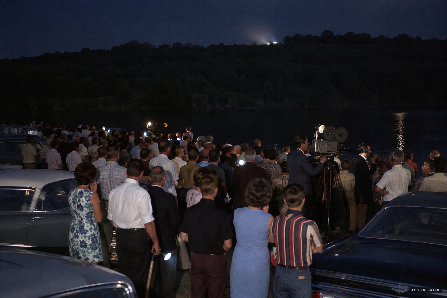 Crowds of up to 200, TV crews among them, fill the lake the next night