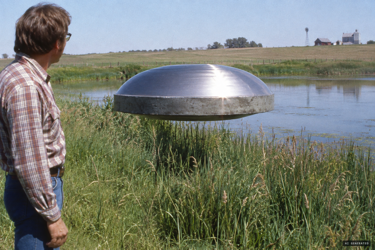 The first object, metallic and dome-shaped, hovering a foot above the grass