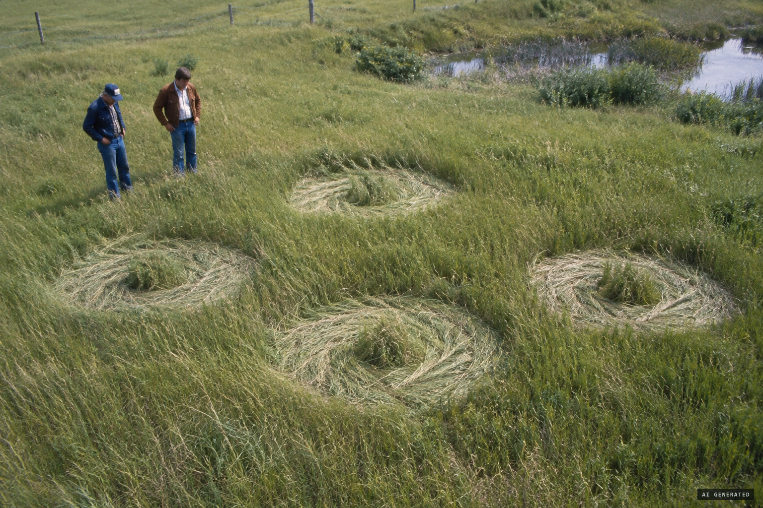 Five swirled rings left in the grass where the objects hovered