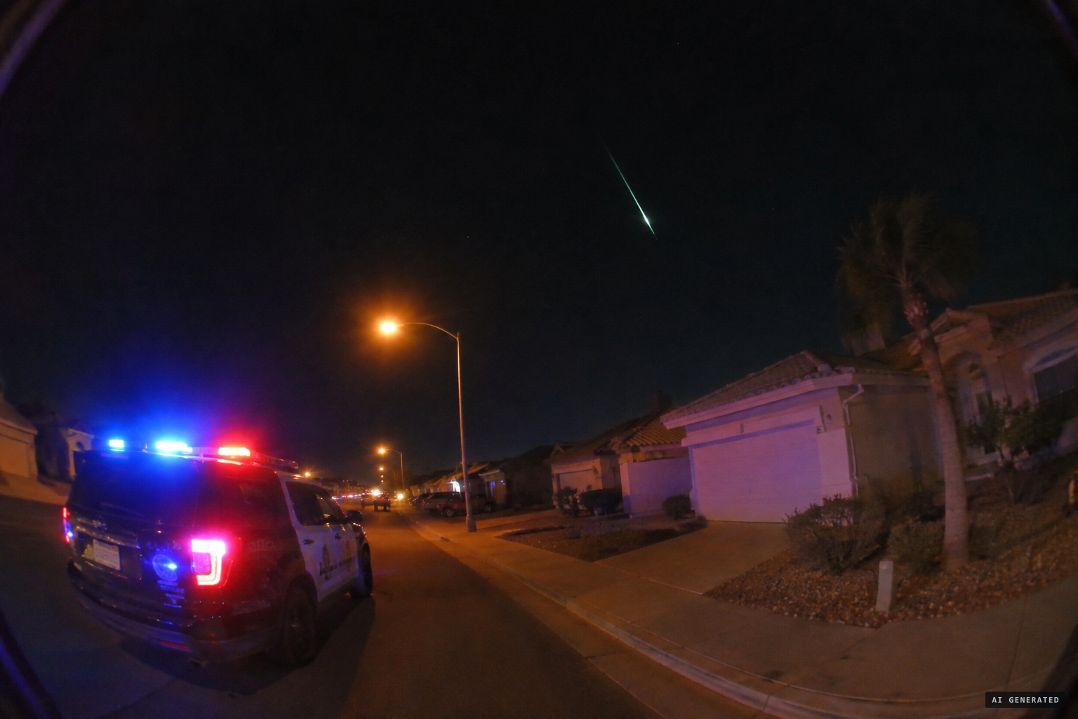 A police body camera catches a green streak in the Las Vegas night sky