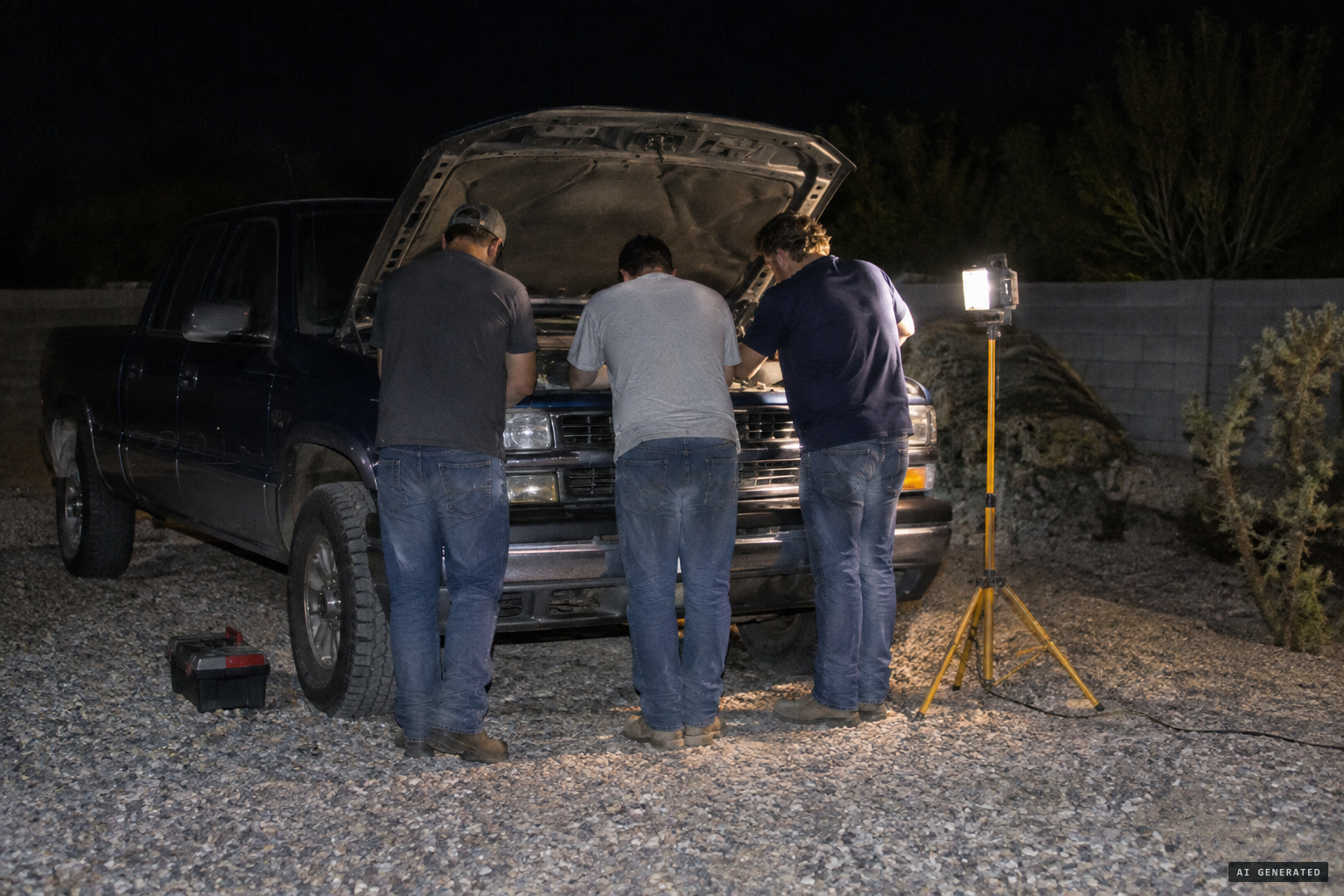 The father and two sons work on their truck in the backyard after midnight