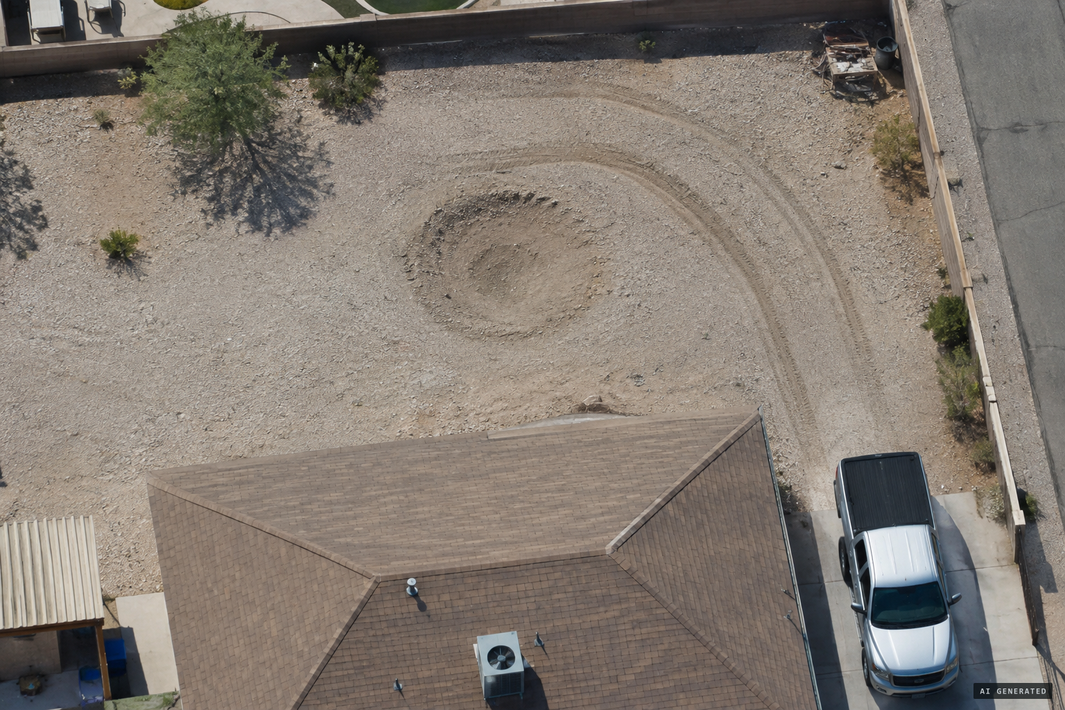 Satellite imagery shows the circular depression and tyre tracks a year before