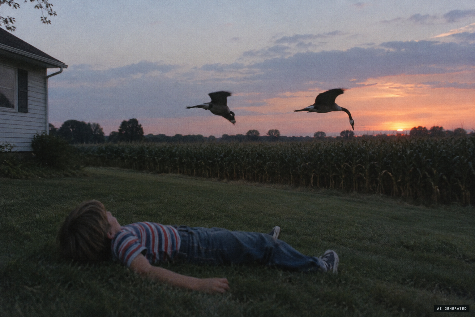 Both birds fly off, one bending its white-ringed neck back toward Marlon