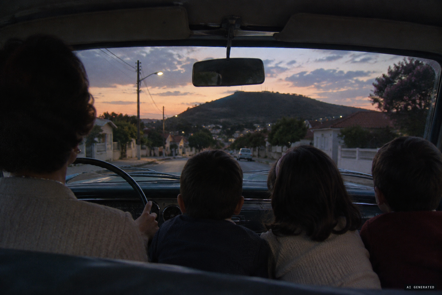 Gracinda stops the car on Alameda São Boaventura as her children point at the hill