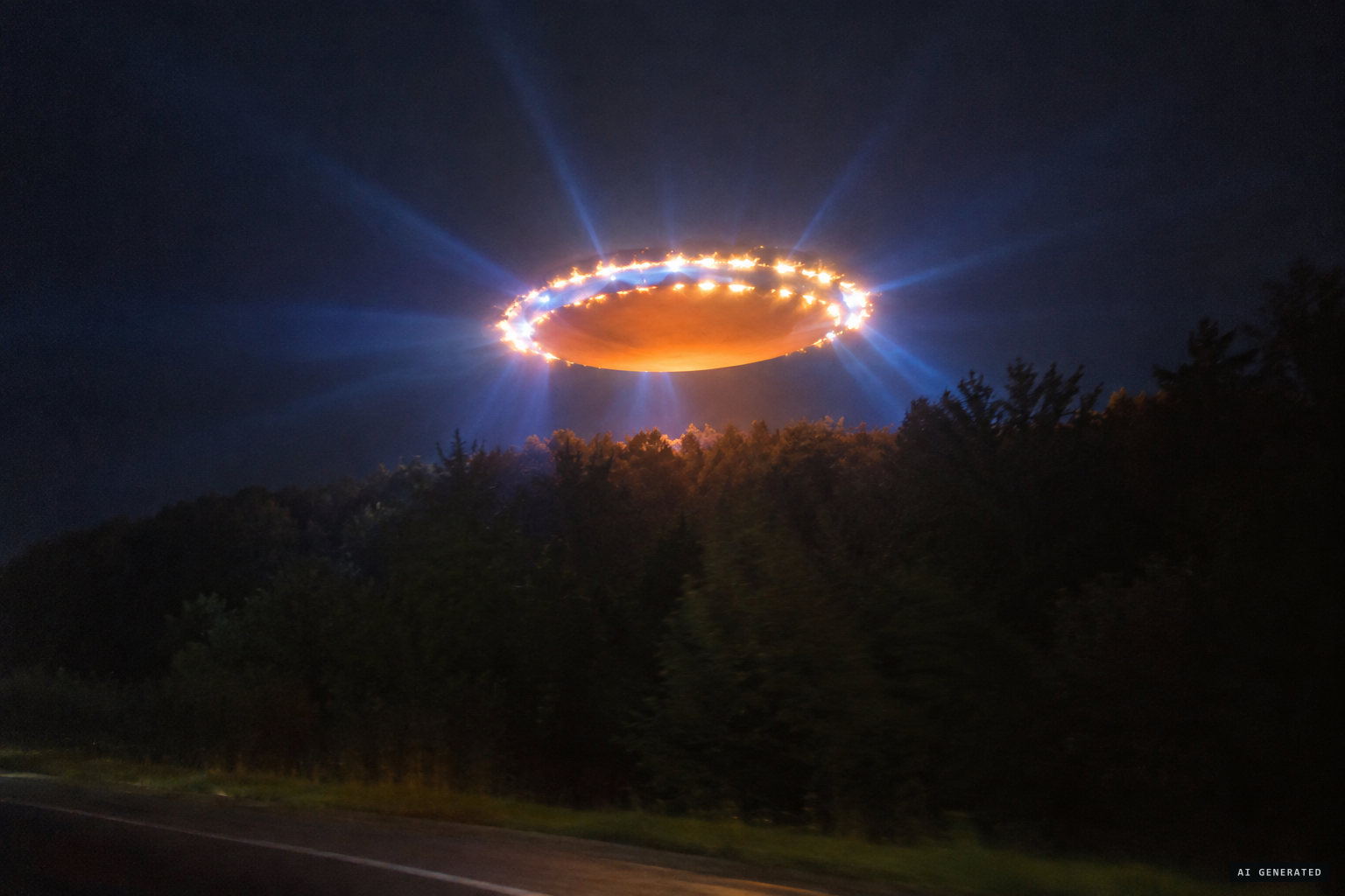 The big orange oval with its ring of fire and blue rays over the hilltop