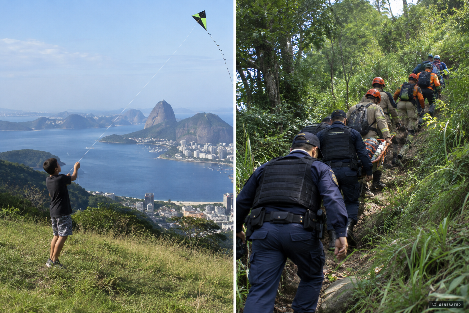 A kite flyer's report leads police and firemen up Morro do Vintém
