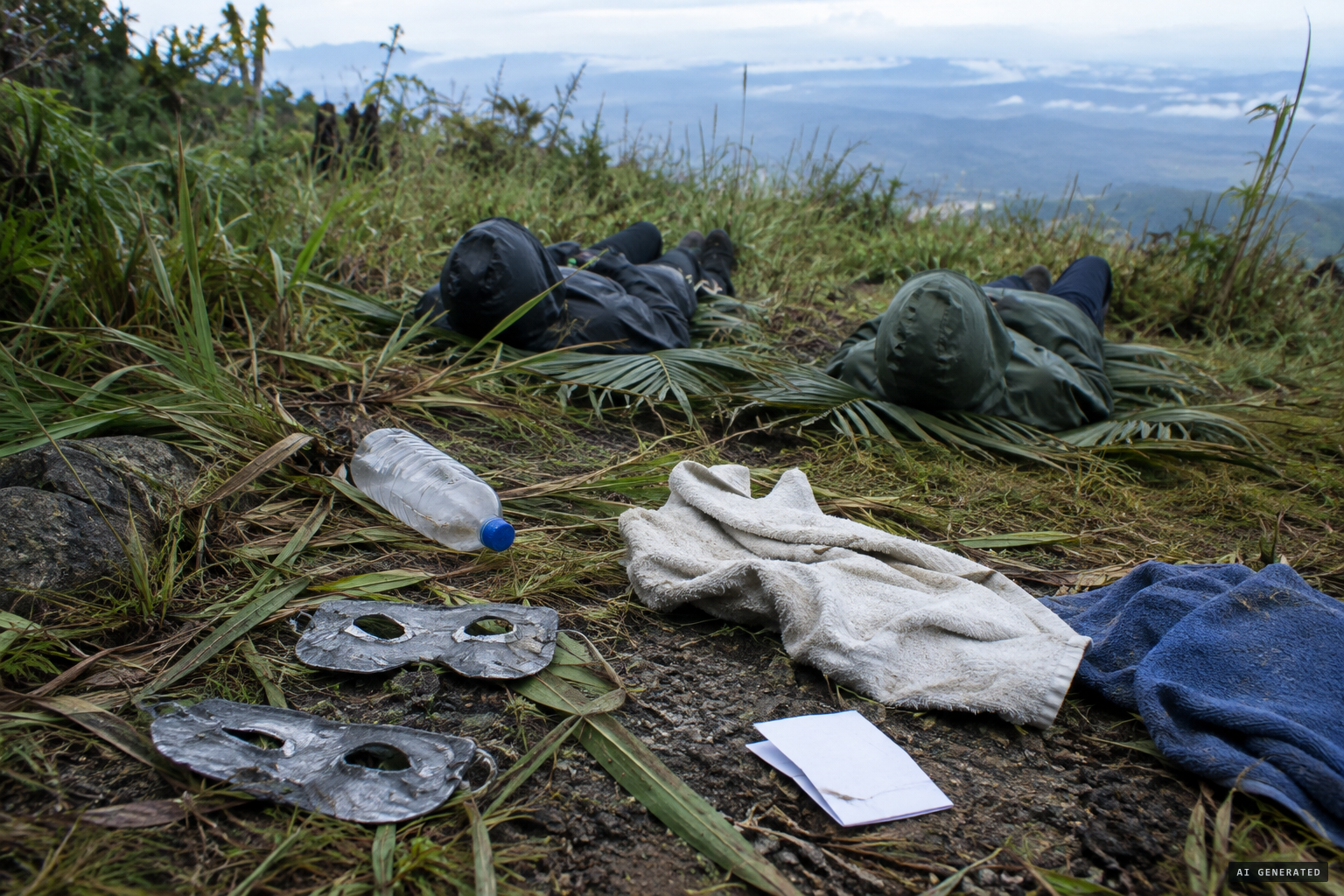 The two men on palm leaves, with the lead masks, water bottle and note beside them