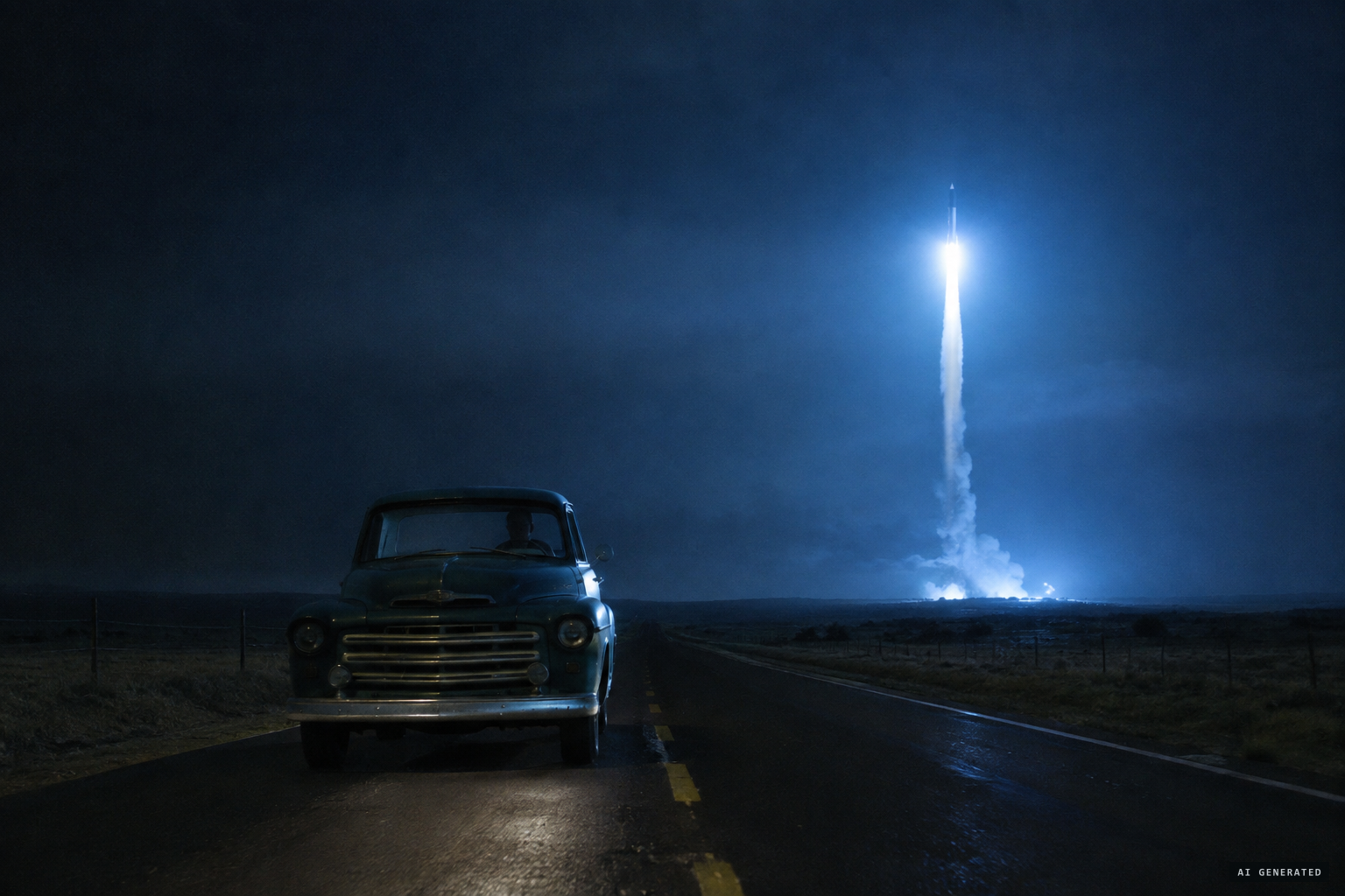 On Route 116 a blue flash, the truck dies, and a rocket-shaped object rises