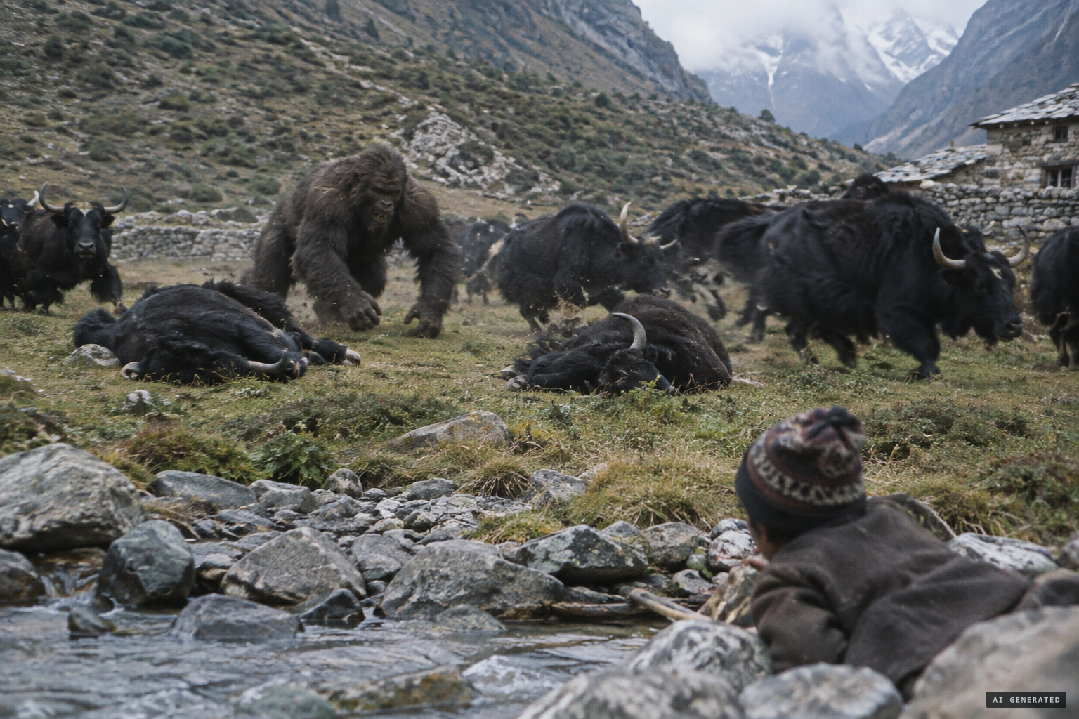 The creature turns on the yaks