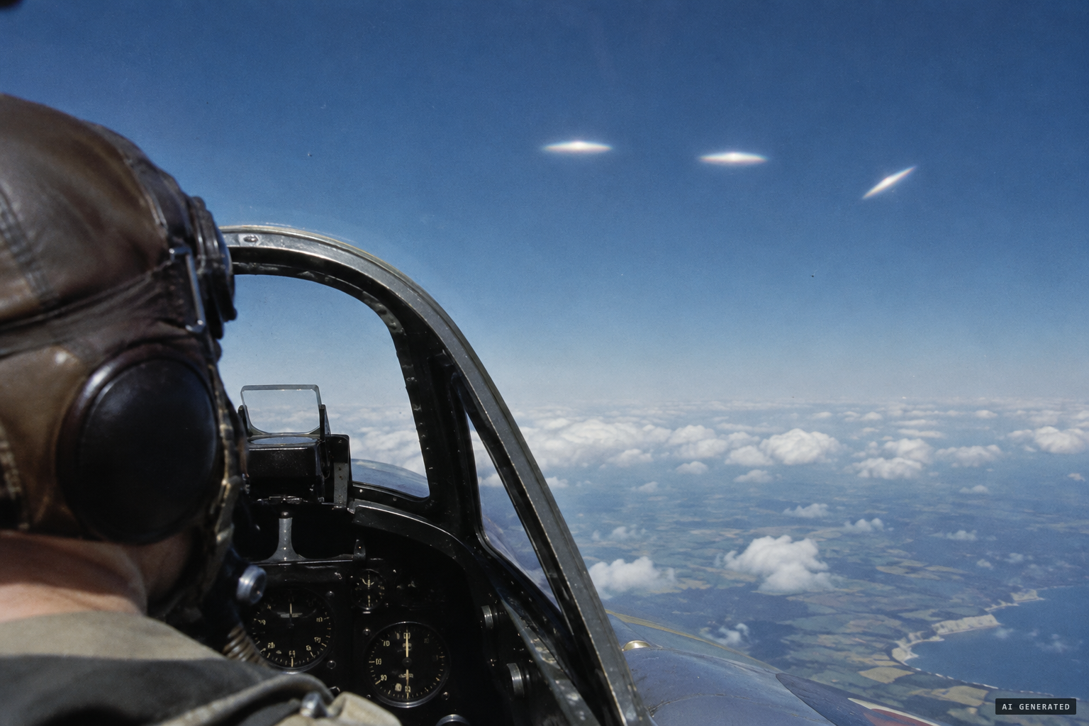 Three white lens-shaped objects, two level and one canted, with no propulsion or contrail