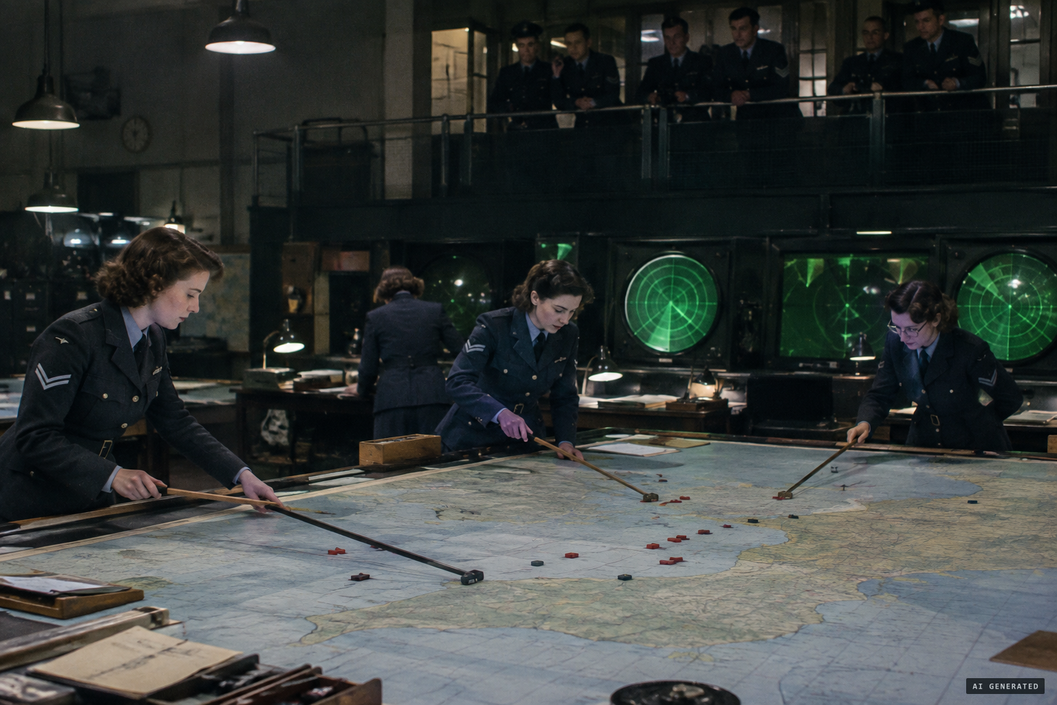 Plotting tables at RAF Box, Rudloe Manor, track unidentified targets crossing south-west England