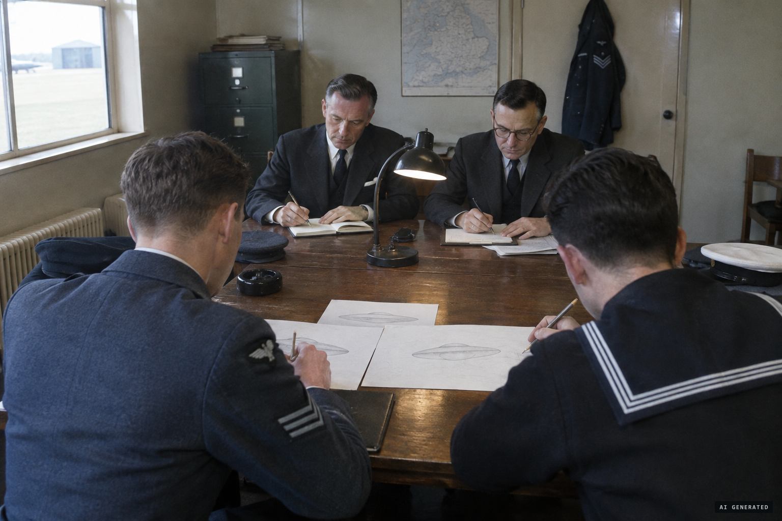 An Air Ministry intelligence team takes statements and has both men draw sketches