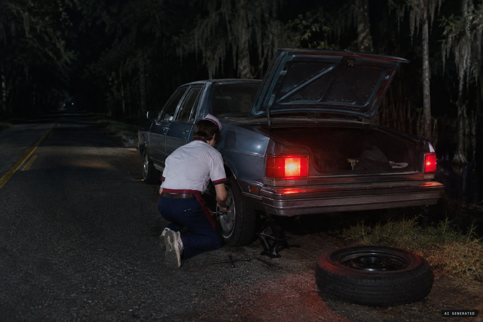 Christopher Davis changes a flat tire on Browntown Road around 2 a.m.