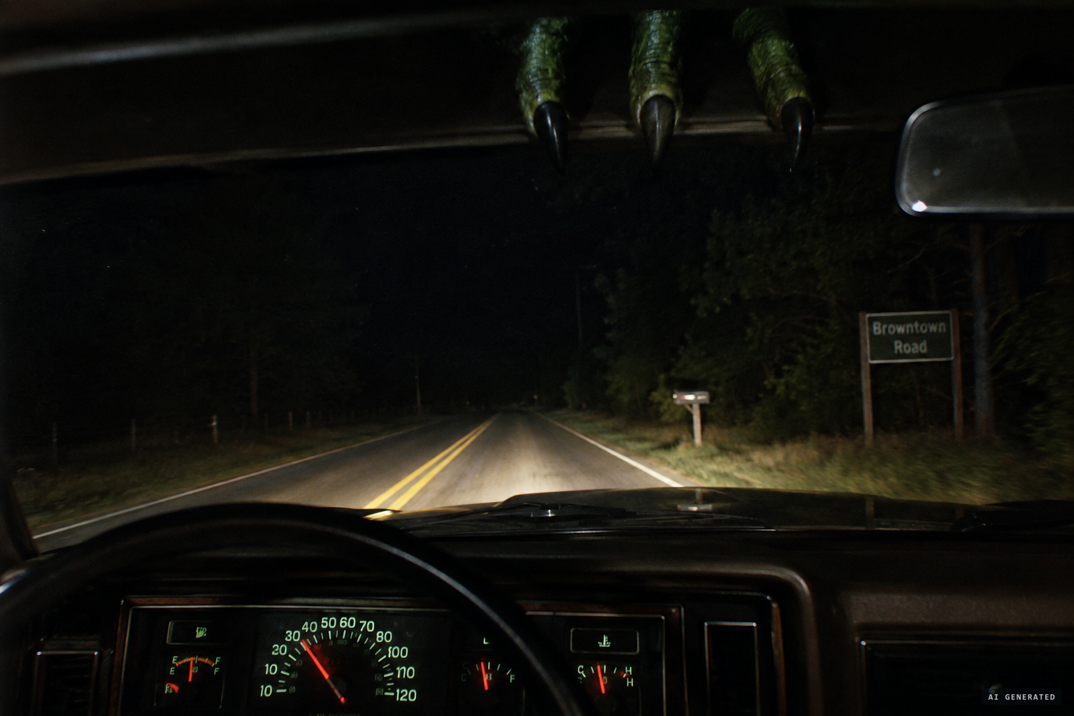 Clawed fingers curl around the roof, seen through the windshield
