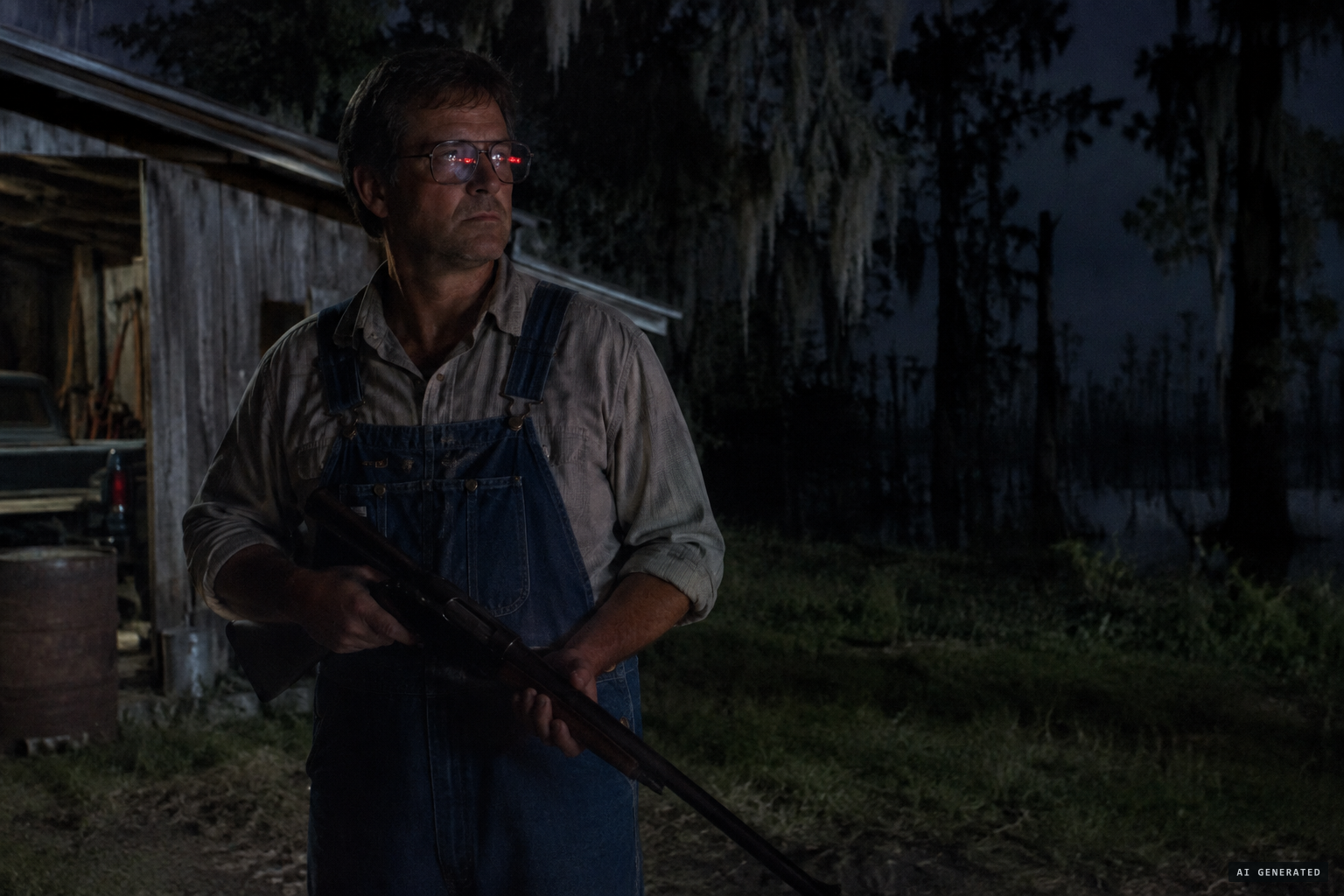 A butterbean farmer guarding his shed, glasses reflecting taillights