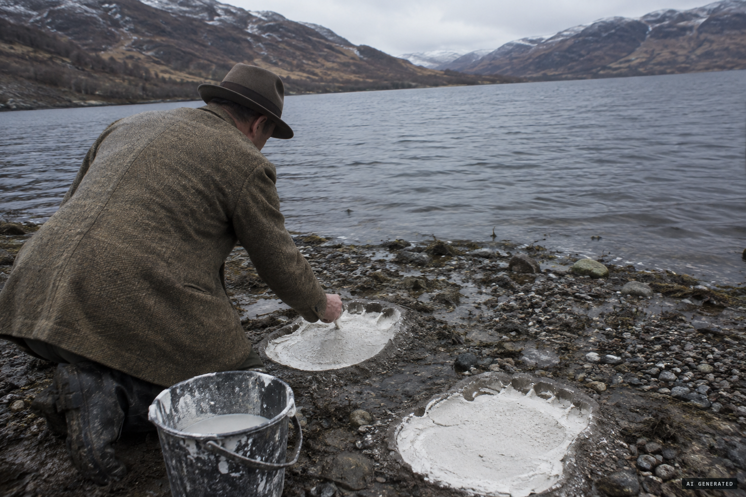 Wetherell's hunters cast the 'monster' footprints on the Loch Ness shore, December 1933