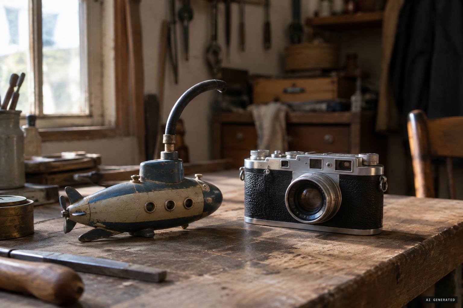 Ian Wetherell's account: a toy submarine carrying a rubber-tubing neck, shot with a Leica