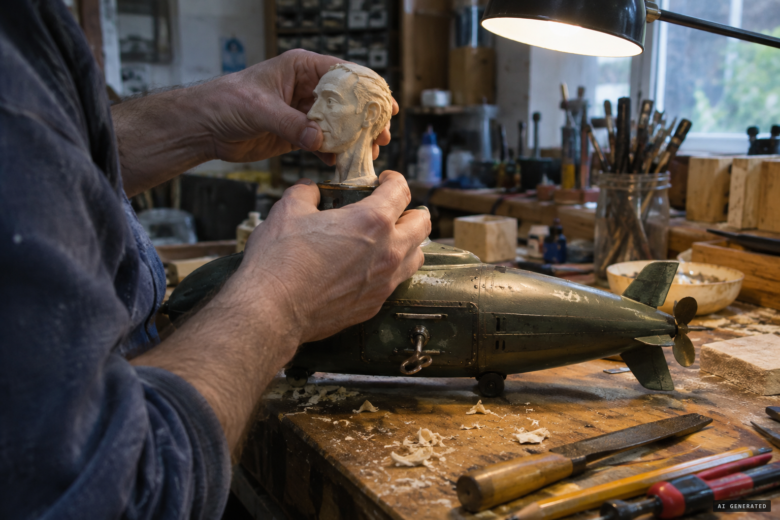 Spurling's confession: a plastic-wood head and neck on a clockwork toy submarine