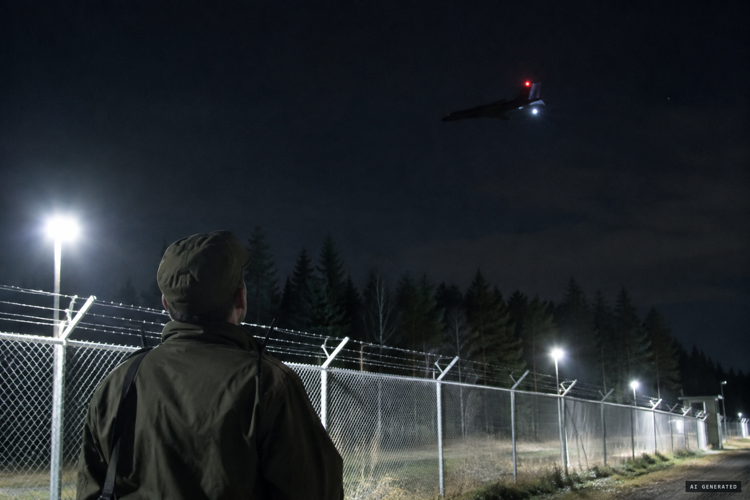 A craft with a red navigation light and a white strobe near the north perimeter