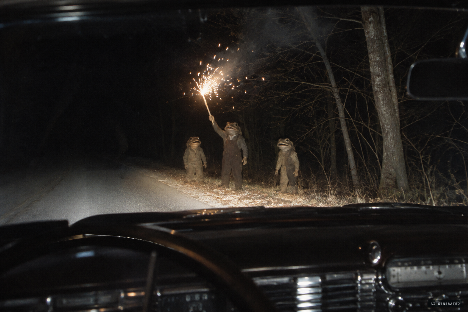 The 1955 tale: three frog-faced figures near Branch Hill, one with a sparking wand