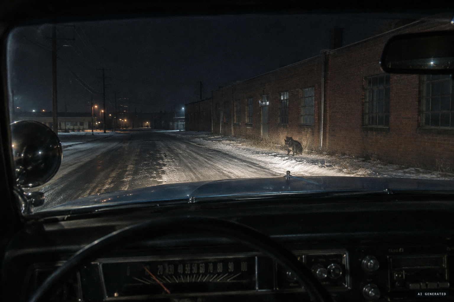 Officer Shockey's cruiser on icy Riverside Drive near the boot factory, where he saw something he took for a dog