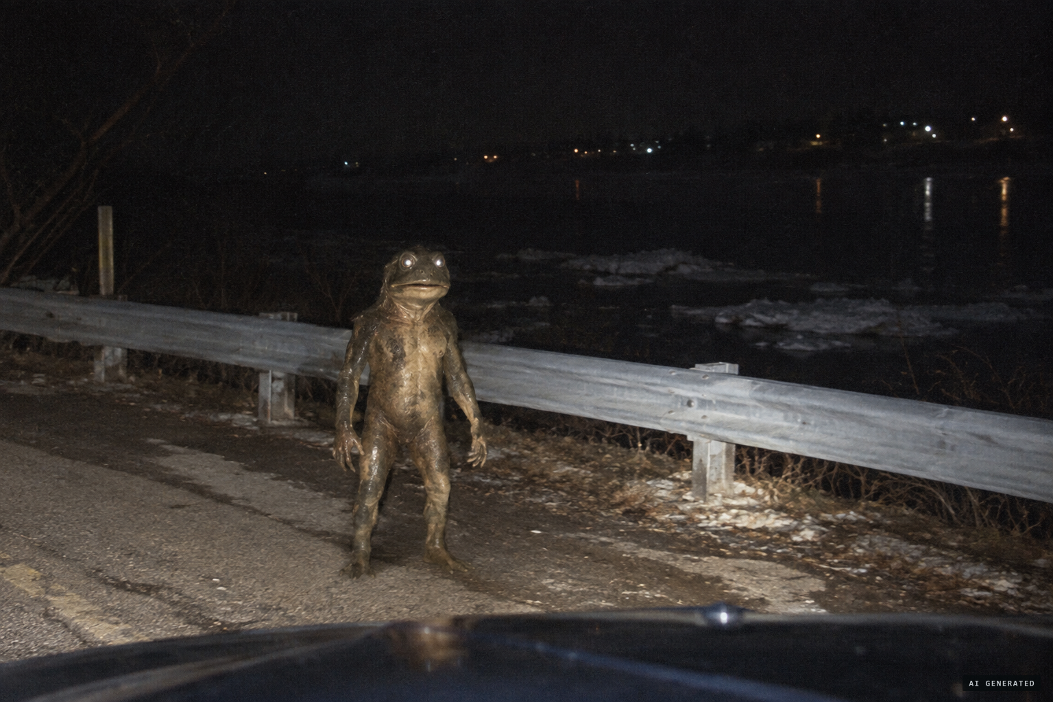 The creature stands up in the headlights, its eyes reflecting the light