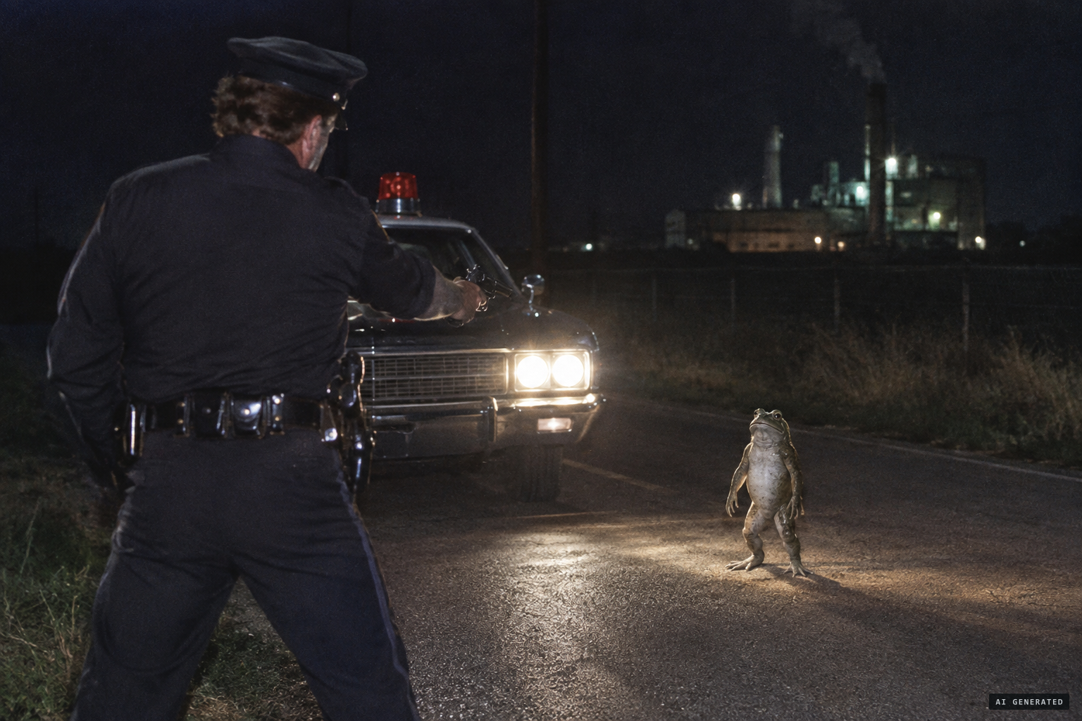 Officer Mathews draws his sidearm and fires at the creature on Kemper Road