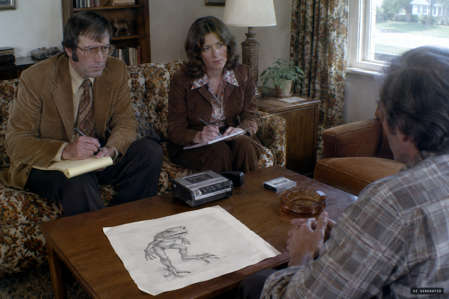 Schaffner and Mackey interview the officers in 1976, with the composite sketch on the table