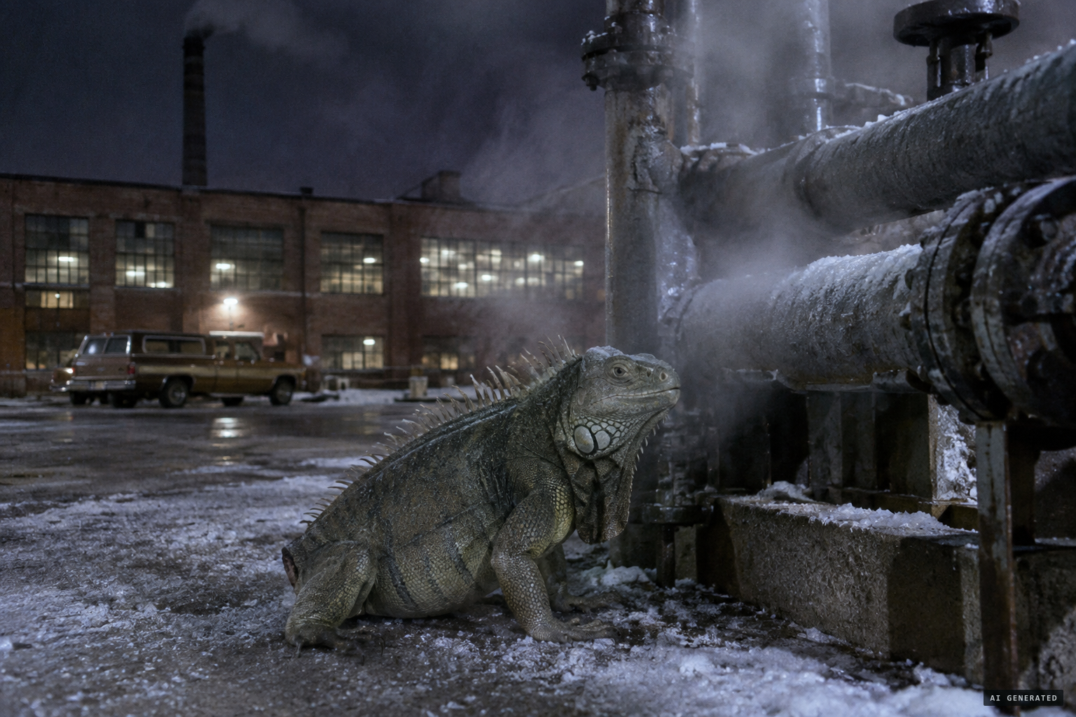 Mathews' explanation: an escaped pet iguana with no tail, keeping warm by the factory pipes