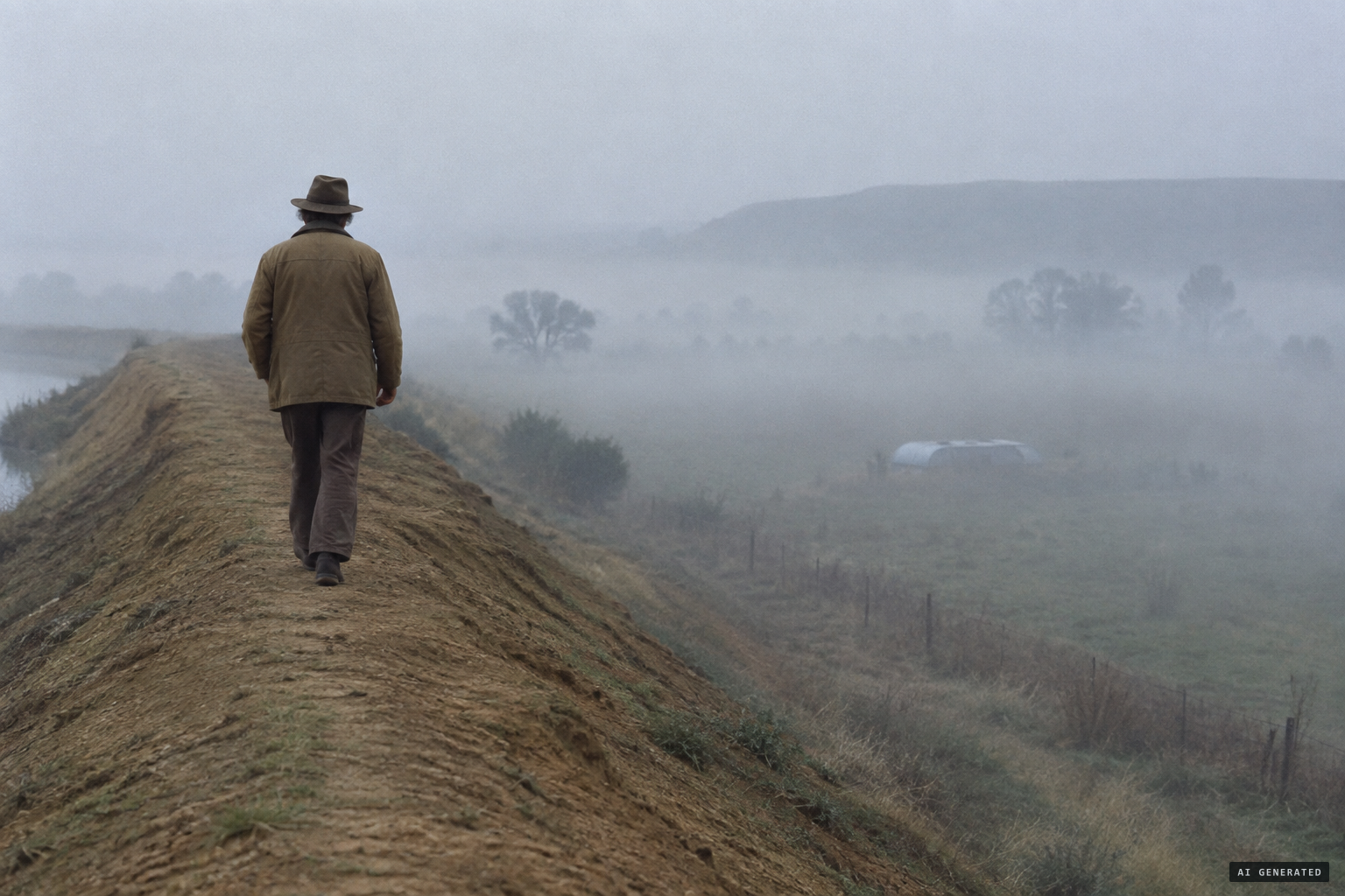 From the flood bank, van Graan sees what looks like a caravan roof in the misty field