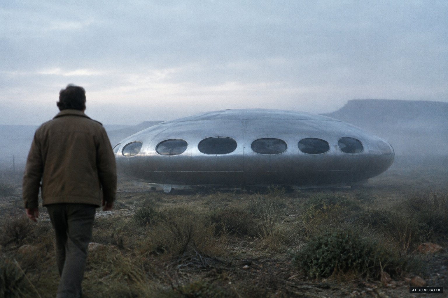 An oval object of curious silvery metal with rounded windows, humming