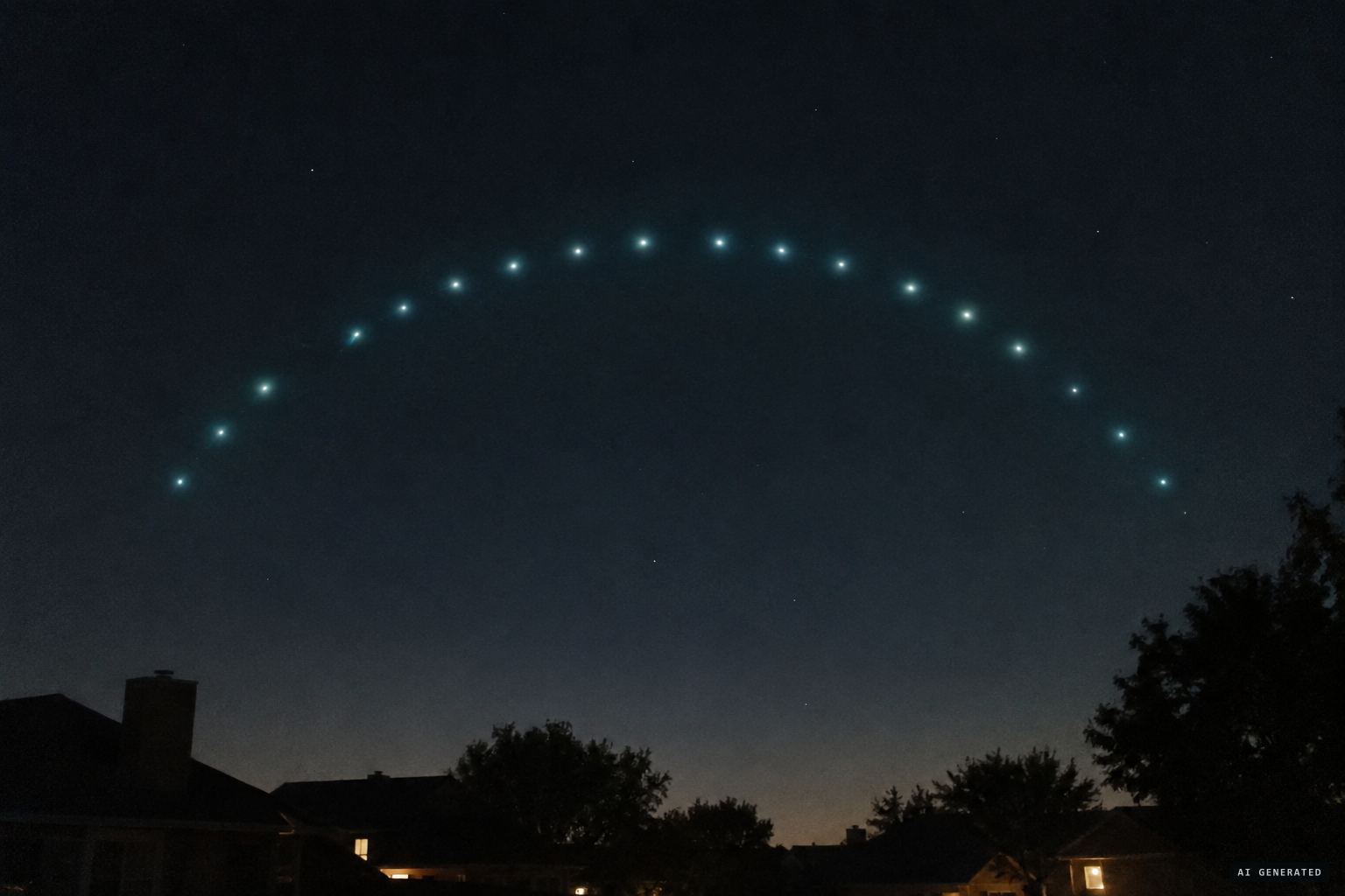 Bluish green lights in a semicircular formation, moving silently north to south