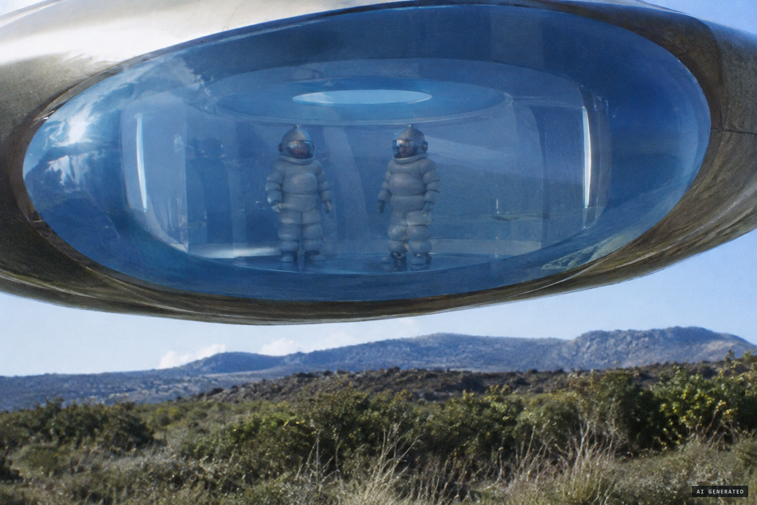 Through the blue centre, two small beings in bumpy suits: the "Babas Michelin"