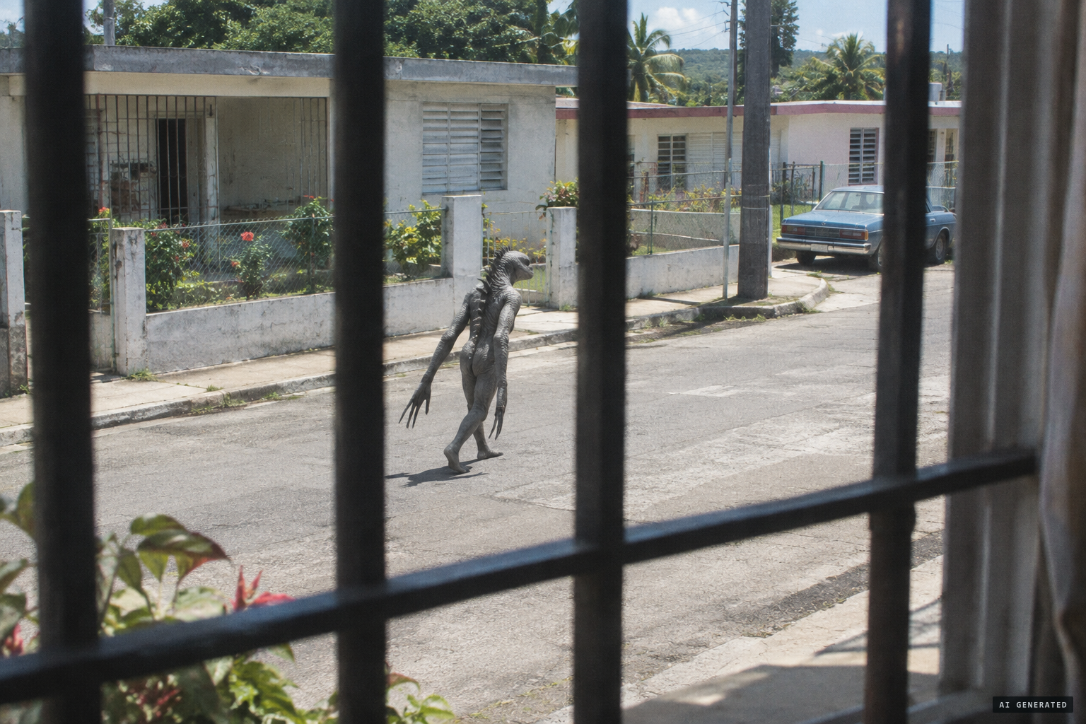 The creature walking like a human, its long arms drawn back