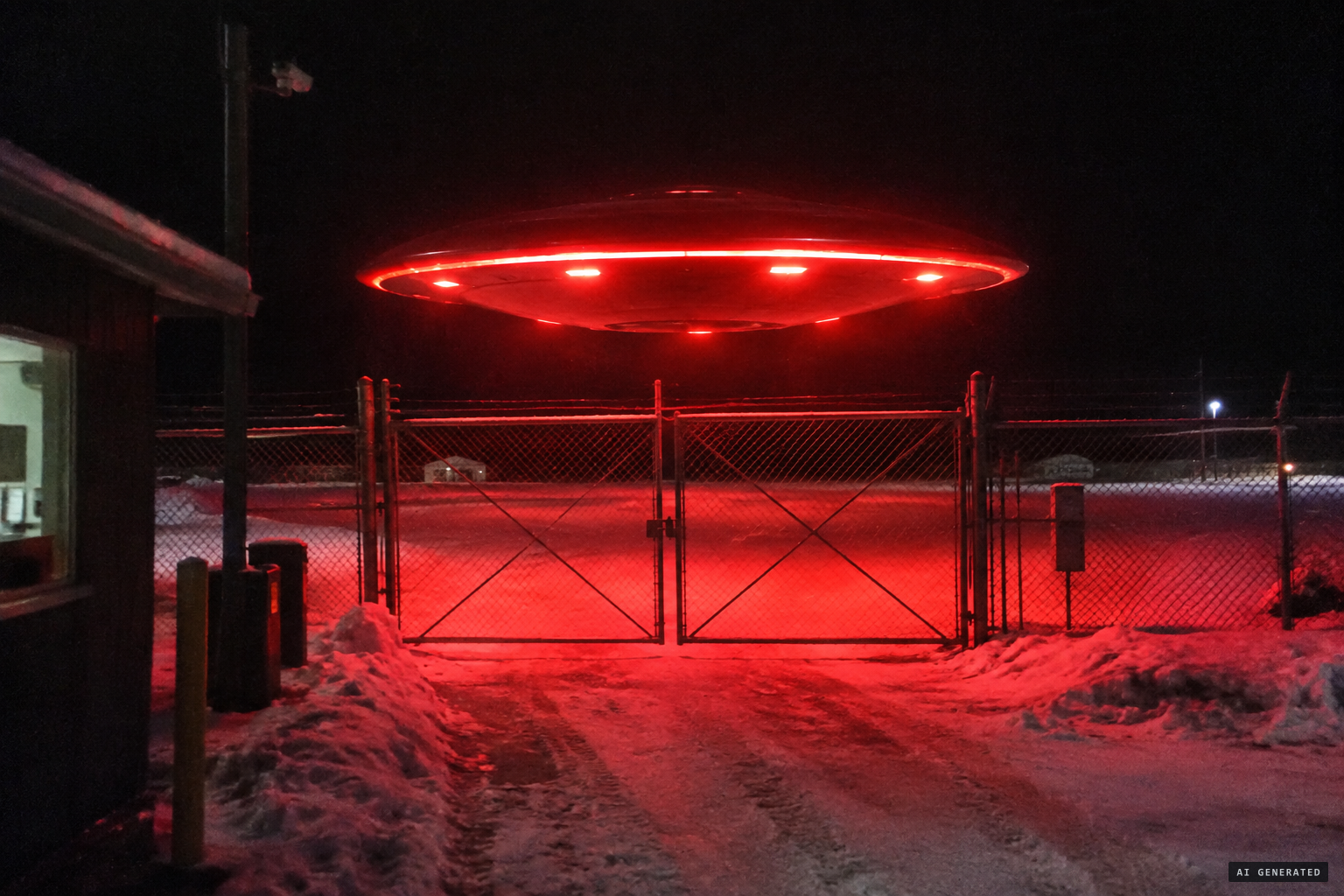 A red-glowing, saucer-shaped object hovers silently outside the front gate