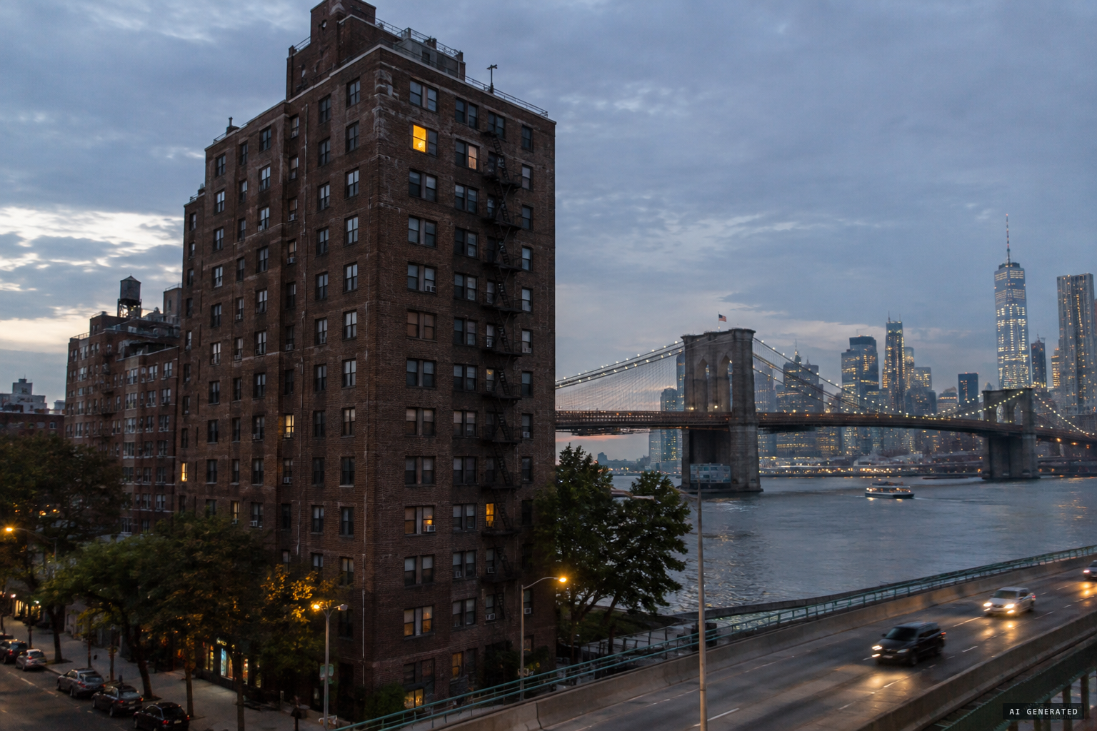 Linda's 12th-floor apartment near the Brooklyn Bridge, beside the FDR Drive and the East River