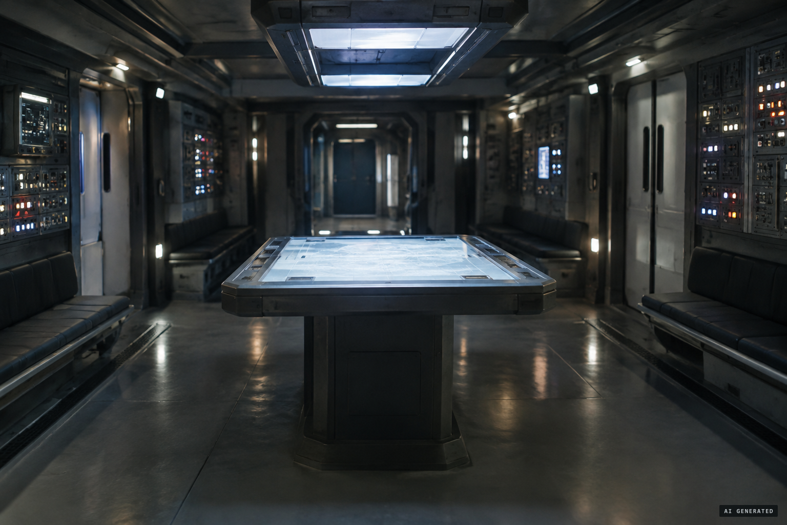 Inside: benches, sliding doors, lights and buttons, and a large table