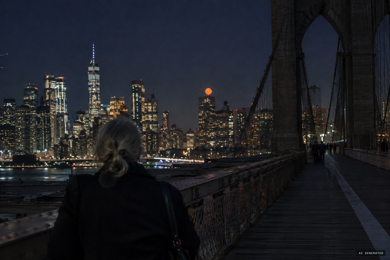 Janet Kimble's view from the dark Brooklyn Bridge at 3:16 a.m.