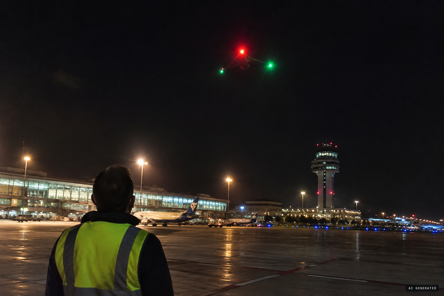 Airport director Miguel Morlán sees lights with strong red and green flashing