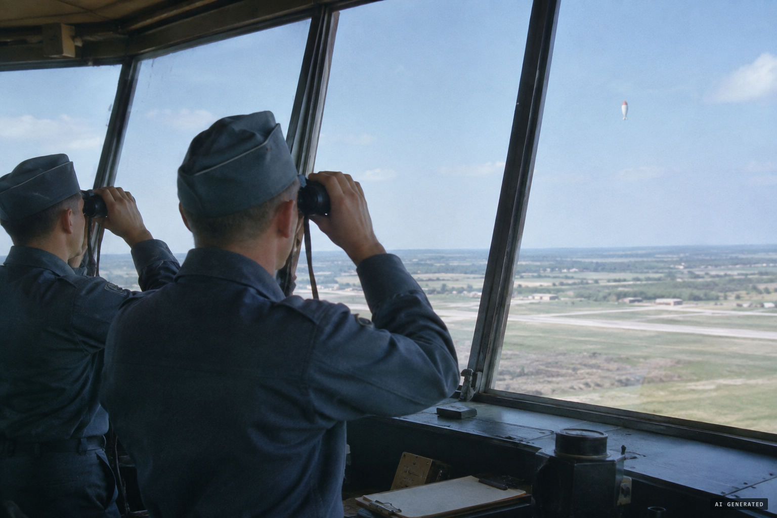 Tower staff watch through binoculars an object 'like an ice cream cone topped with red'