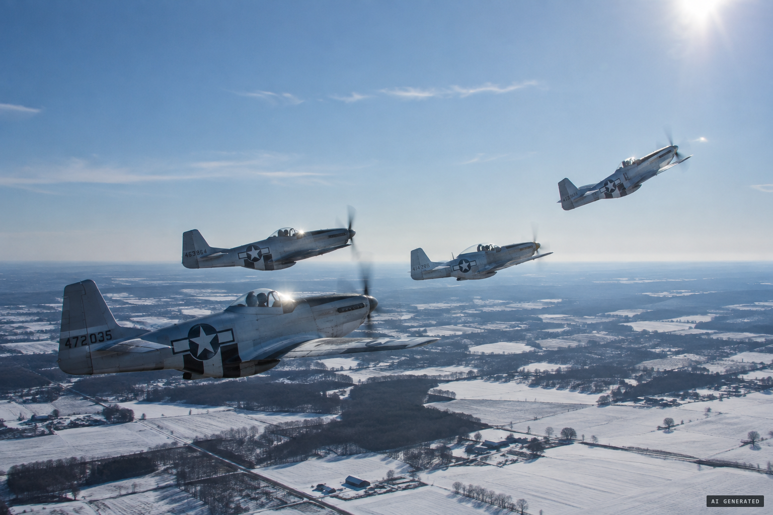 Captain Mantell's flight of four Mustangs as he radios 'I see something above and ahead of me'
