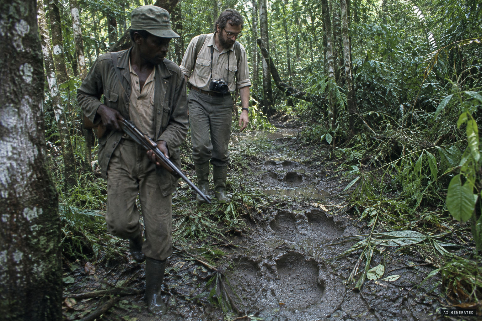 Elephant hunter Immanuel Mongoumela shows Agnagna fresh tracks on a huge trail.